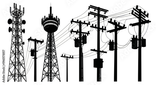 Communication Towers and Power Poles Silhouettes Set