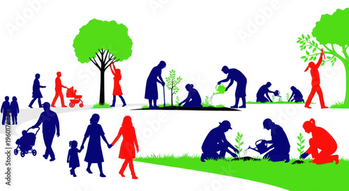 Community planting trees, diverse people gardening, family, nature, sustainability