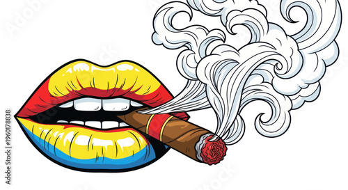Glamorous Lips Smoking Cigar with Smoke Swirls - Bold Pop Art Style