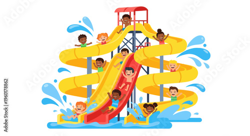 Happy Kids Sliding Down Yellow Water Slides at Amusement Park
