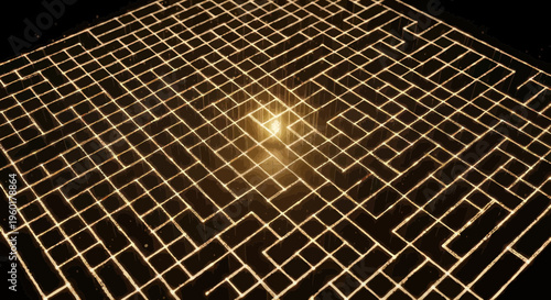 Illuminated Maze Center, Glowing Light Abstract Background, Complex Labyrinth Path