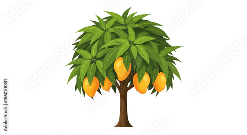 Ripe Mango Tree with Fresh Green Leaves and Yellow Fruits