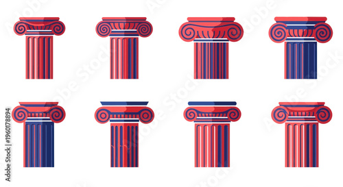 Set of Ionic Columns, Ancient Greek Architecture Elements, Red and Blue Tones