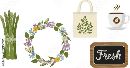 Collection of farmers market themed illustrations features fresh asparagus, a reusable tote bag, a coffee cup, a floral wreath, and a 'Fresh' chalkboard sign in a charming, flat graphic style