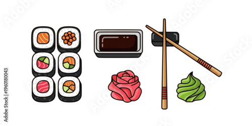 Colorful cartoon sushi set with maki roll, soy sauce, chopsticks, pickled ginger, and wasabi paste arranged in a row, a detailed vector illustration for Asian cuisine concepts
