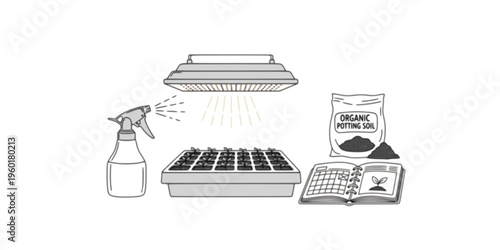 Gardening equipment set for starting seeds indoors includes a seedling tray under a grow light, a spray bottle, a planner, and a bag of organic potting soil in a flat vector style