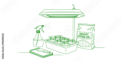 Gardening equipment set for starting seeds indoors includes a seedling tray under a grow light, a spray bottle, a planner, and a bag of organic potting soil in a flat vector style