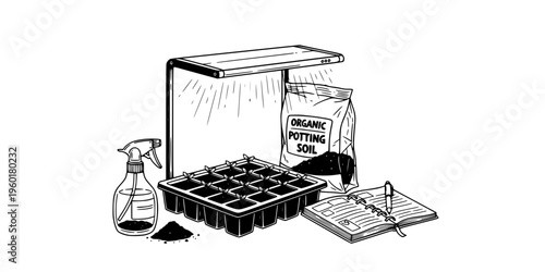 Gardening equipment set for starting seeds indoors includes a seedling tray under a grow light, a spray bottle, a planner, and a bag of organic potting soil in a flat vector style