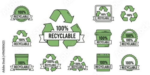 100 percent recyclable badge icon set in green shades for eco friendly packaging and sustainability labels
