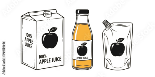 Apple juice packaging vector set with carton box bottle and drink pack, fresh fruit beverage illustrations collection
