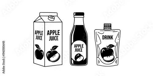 Apple juice packaging vector set with carton box bottle and drink pack, fresh fruit beverage illustrations collection
