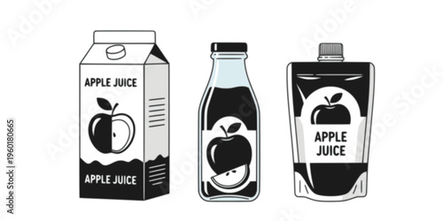 Apple juice packaging vector set with carton box bottle and drink pack, fresh fruit beverage illustrations collection
