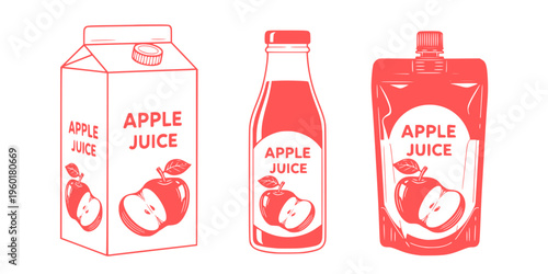 Apple juice packaging vector set with carton box bottle and drink pack, fresh fruit beverage illustrations collection
