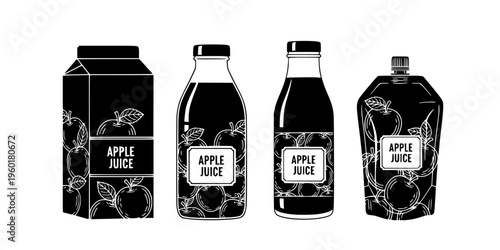 Apple juice packaging vector set with carton box bottle and drink pack, fresh fruit beverage illustrations collection
