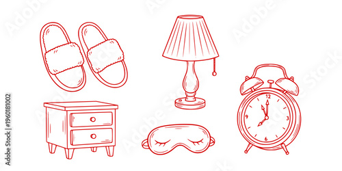 Sleep Night Routine Line Icon Set with Bed Alarm Clock Moon Candle and Pillow for Rest and Relaxation Design
