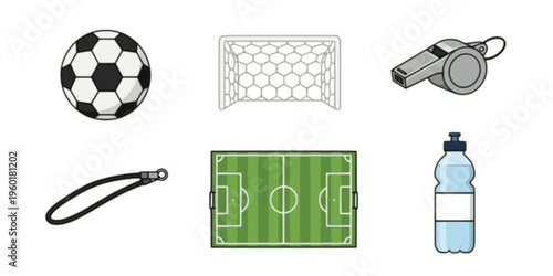Collection of football game icons featuring a ball, goal net, referee whistle, green pitch, and a water bottle, presented in a clean and modern flat vector style