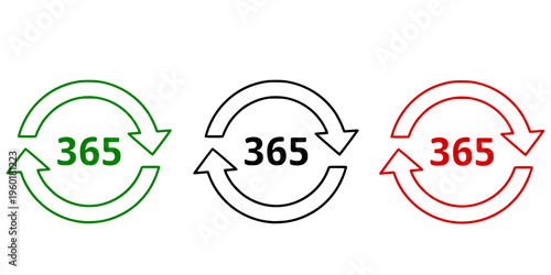365 days cycle icon set with circular arrows in dotted black and solid green styles for warranty, annual service, and subscription design
