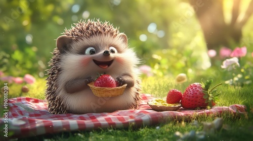 Adorable hedgehog enjoying a picnic with strawberries in a sunny meadow