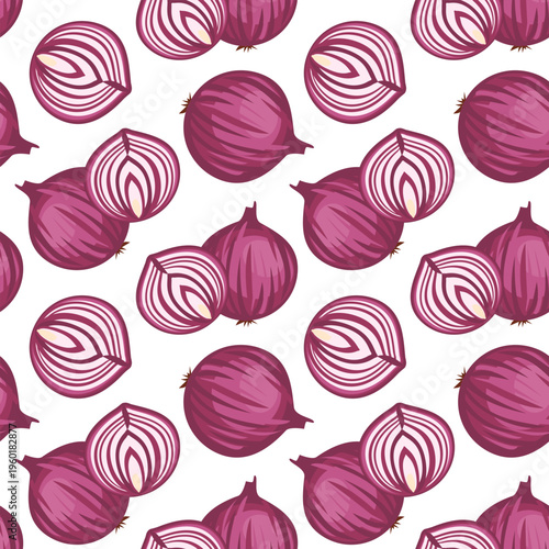 Seamless pattern with red onion, decorative vegetable background, food themed vector illustration