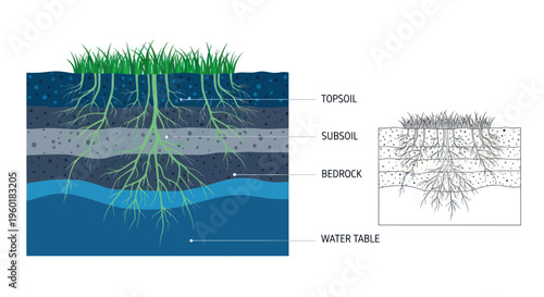 Cross-section of soil layers with grass roots and water table illustration