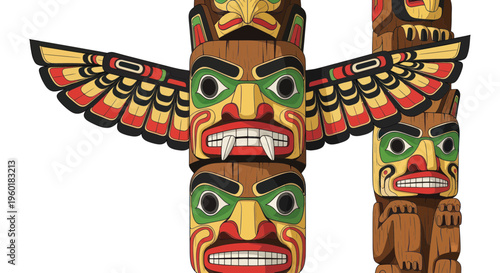 Colorful Totem Pole with Native American Faces and Symbols on White Background