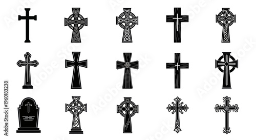 Collection of Diverse Crosses and Gravestone Icons: Celtic, Latin, and Ornate Designs