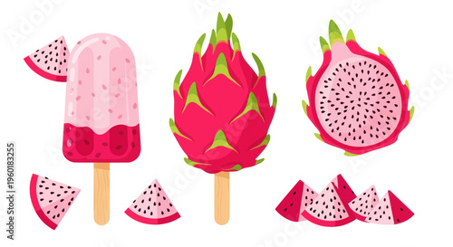 Dragon Fruit Popsicle and Fresh Fruit Slices - Tropical Summer Treat