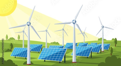 Renewable Energy Farm: Solar Panels and Wind Turbines in Sunny Green Landscape