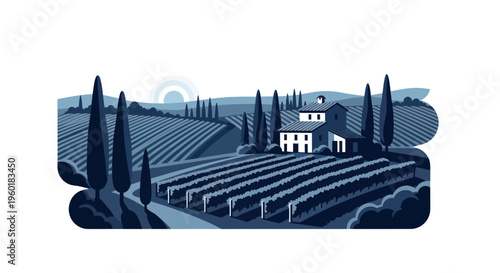 Tuscan Vineyard Estate with Cypress Trees and Rolling Hills at Sunset