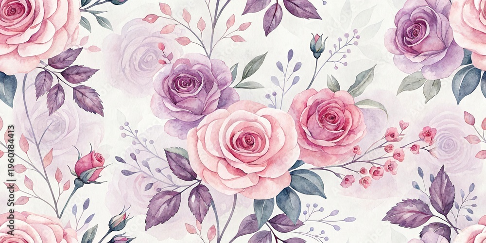 Fototapeta Watercolor roses seamless pattern with pink red flowers and green leaves romantic floral background
