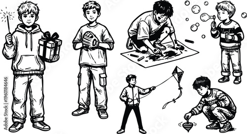 Black and white line art boys playing with kite bubbles gift sparkler and toys in action
