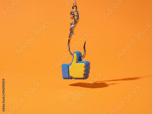 Social media thumbs up icon caught on silver fishing hook over orange background