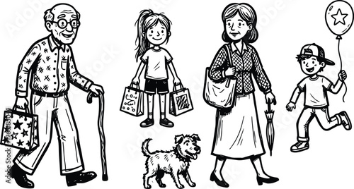 Black and white line art elderly man with cane girl with bags mother with umbrella boy with balloon
