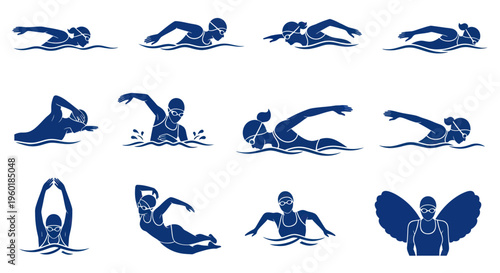 Swimming Strokes Collection: Diverse Styles Illustrated in Blue Silhouettes on White