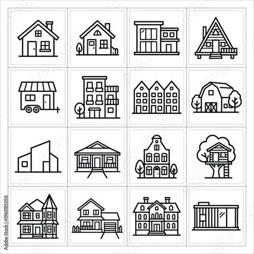Set of Building Icons: From Traditional Homes to Modern Architecture