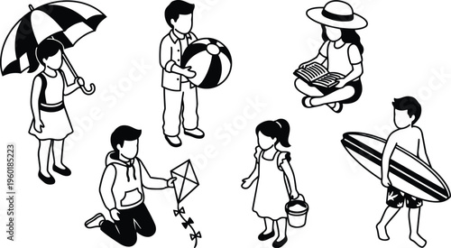 Line art children playing with umbrella beach ball kite bucket and surfboard in landscape