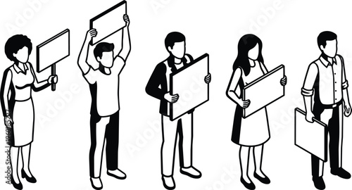 Five faceless protesters holding blank placards standing in a row