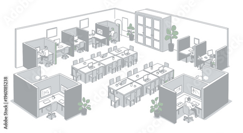 Isometric view of a modern office interior with cubicles and open-plan workspaces.