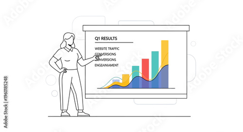 Woman presenting business results with a colorful bar and line graph.