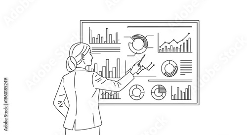 Businesswoman analyzing data on a large screen with various charts and graphs.