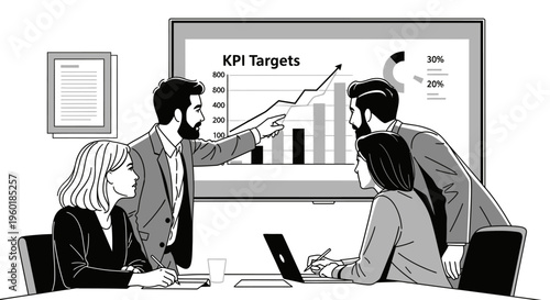 Business professionals analyzing KPI targets in a meeting.