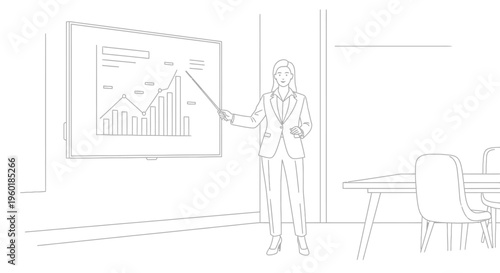 Businessman presenting financial data on a screen with a pointer in a professional setting.