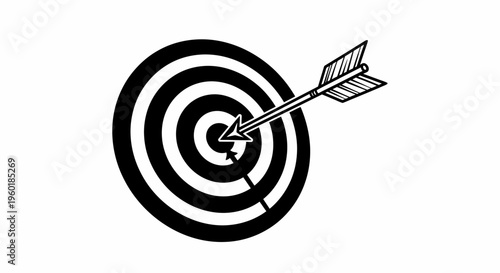 Arrow hitting bullseye target in black and white illustration.