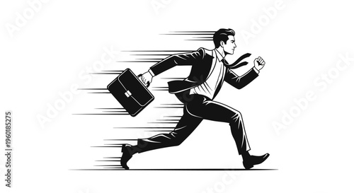 Dynamic Businessman Running with Briefcase in Monochrome Illustration.