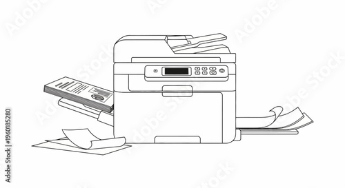 Modern Multifunction Printer with Documents Line Art Illustration.