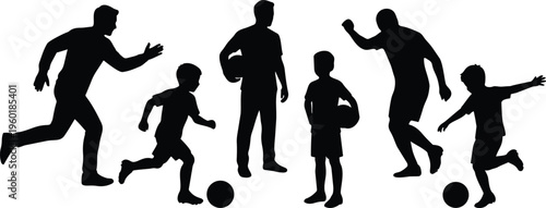 Silhouette soccer parents and children running and holding balls in playful action