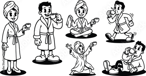 Line art black and white spa guests in robes sipping tea in playful poses