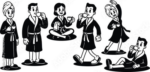 Black and white retro vector people in robes drinking tea and coffee in varied poses