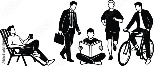 Black and white line art five men reclining reading jogging cycling and walking in simple poses