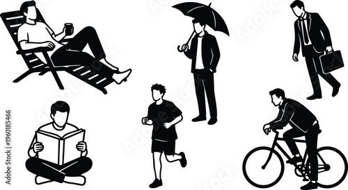 Line art black and white silhouettes of six men in leisure and commute poses